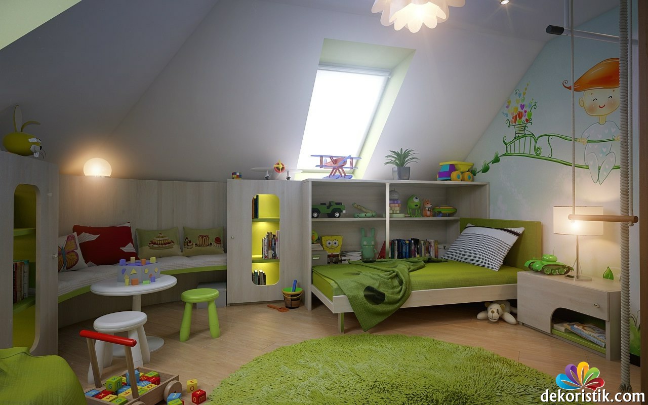 yeşil beyaz renk çatı katı çocuk odası