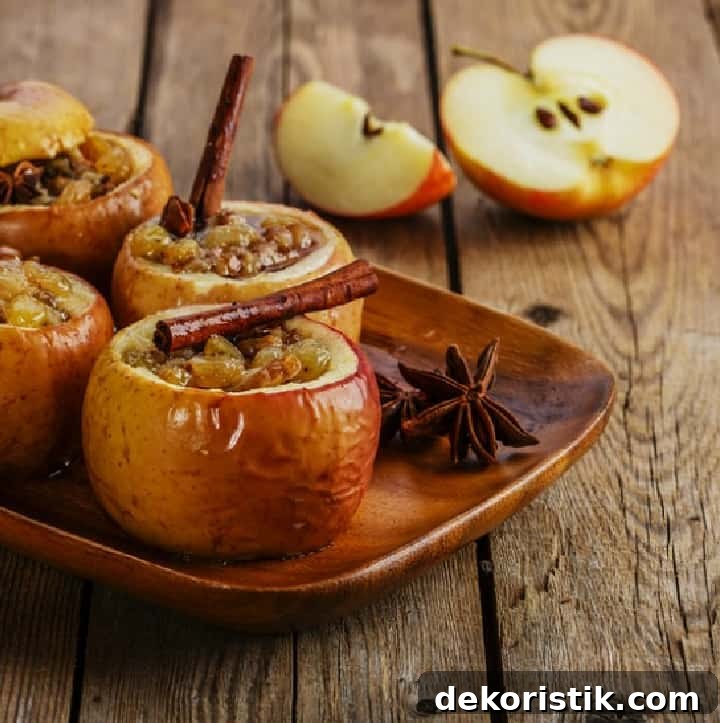 Baked Apple Recipe with Cinnamon and Brown Sugar 3 Baked apples on a wood serving tray