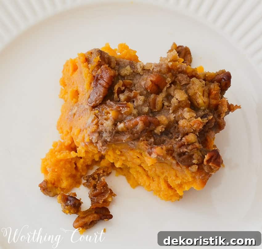 Sweet Potato Casserole with Brown Sugar Pecan Topping 3 Crumbly topping on sweet potatoes.