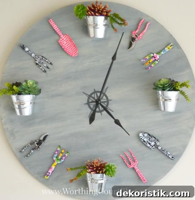 huge faux wall clock made with an old tabletop and decorative gardening tools