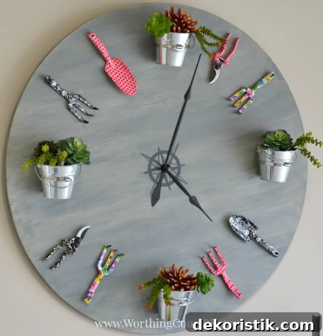 huge diy wall clock with buckets and garden tools attached to the face