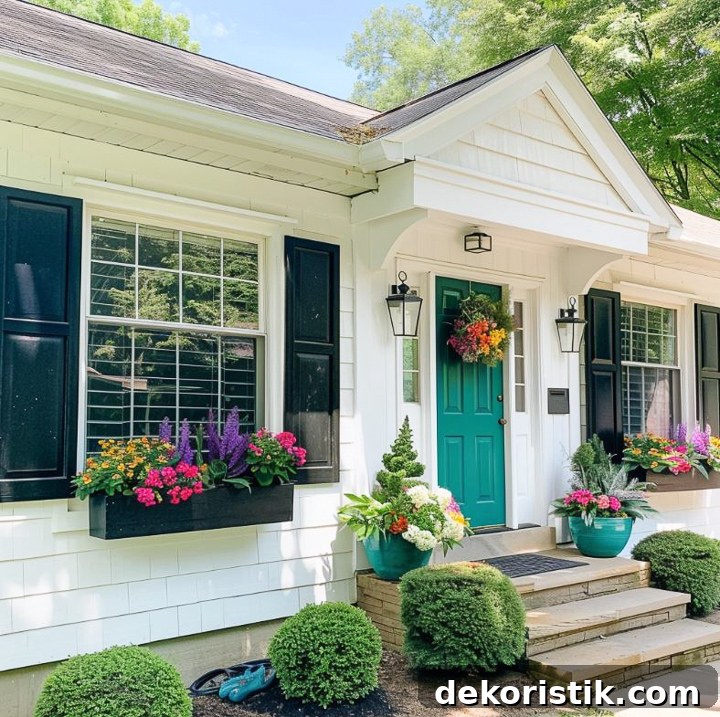 small front porch and window boxes filled with flowers on a white house with black shutters and a turquoise door