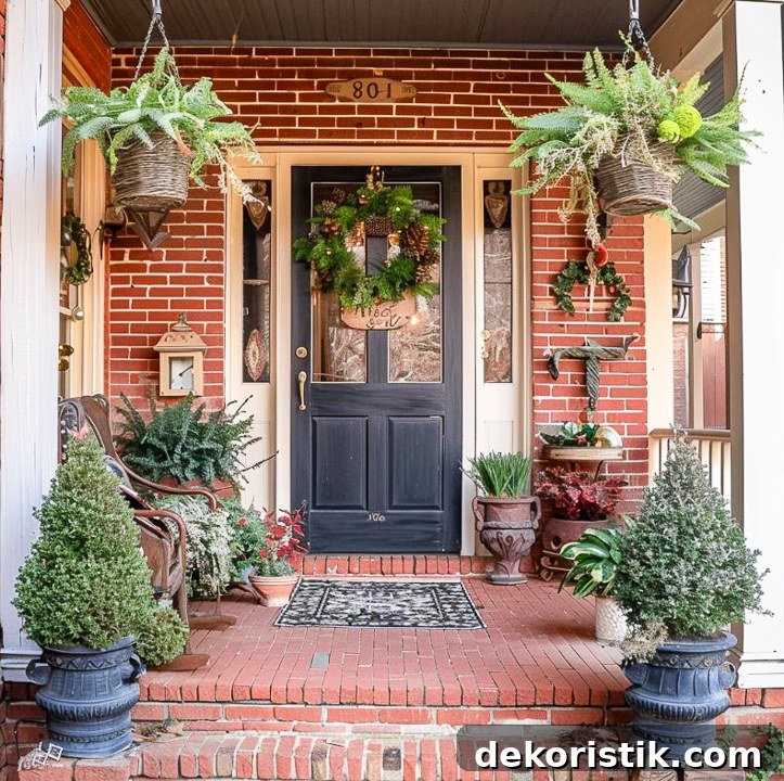 small front porch on a red brick house filled with plants