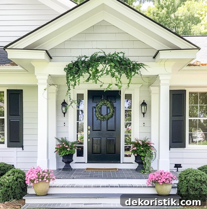 small front porch on a white house with greenery and flowers