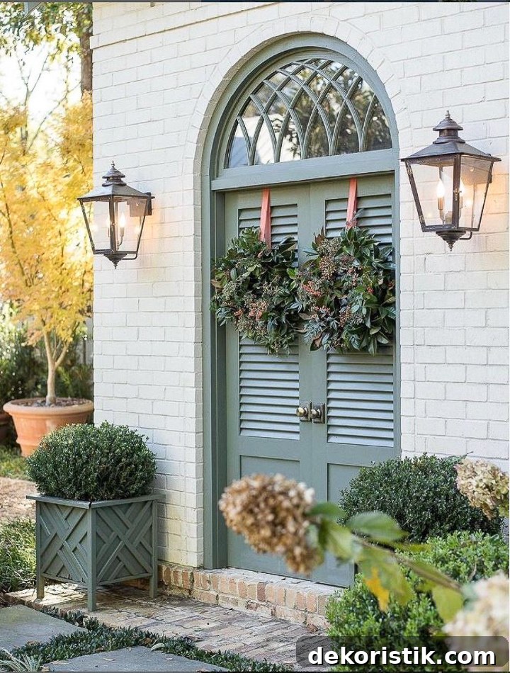 small front porch with a gray door with wreaths and greenery