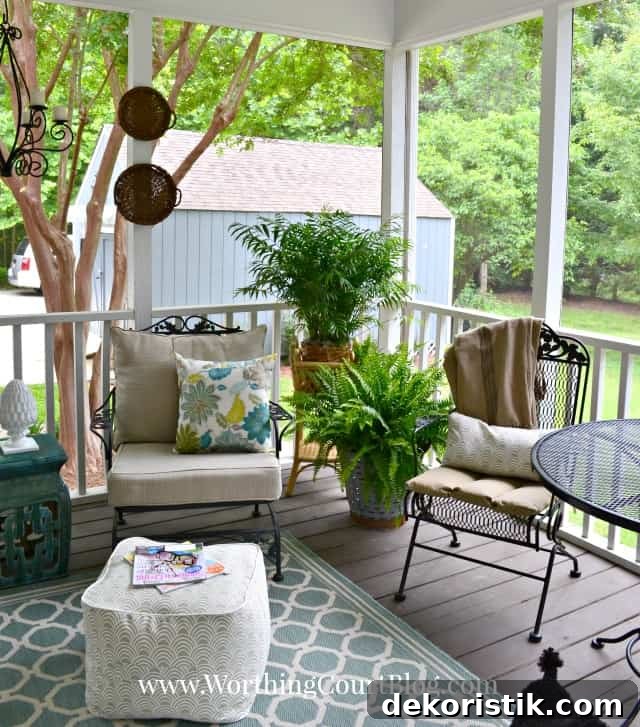 There are potted plants in the corner of the porch.