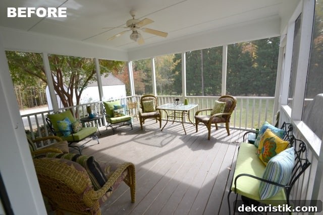 The porch before with chairs and a fan on the ceiling.