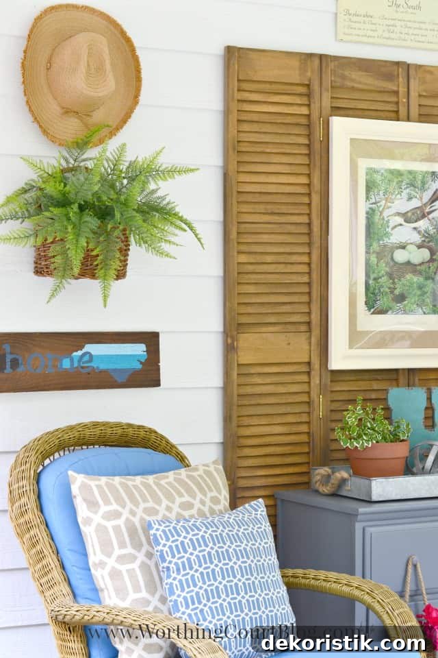 A simple wall collage for outdoors with the gardening hat hanging on the wall.