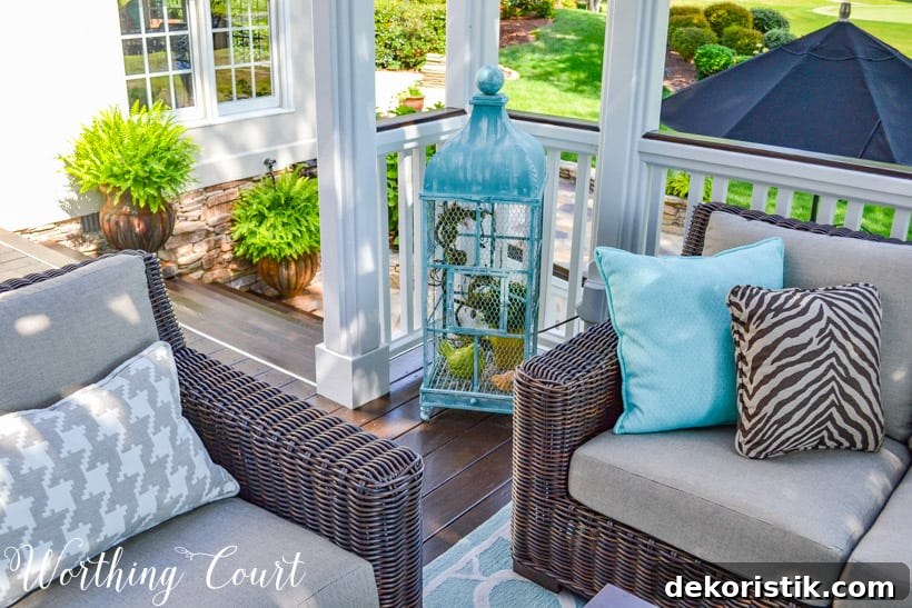 There is a blue decorative birdcage on the back deck of the house.
