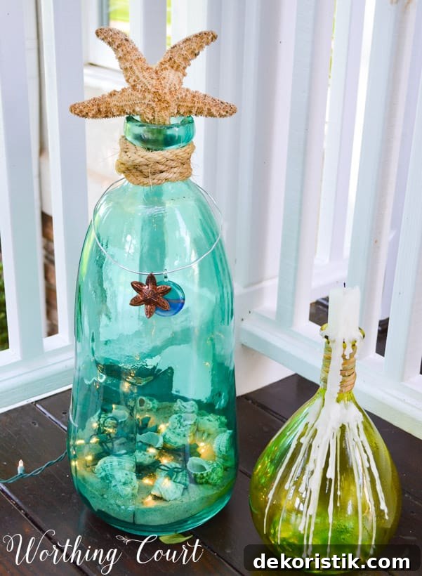 Colored glass with a starfish and seashells inside the glass decoration.