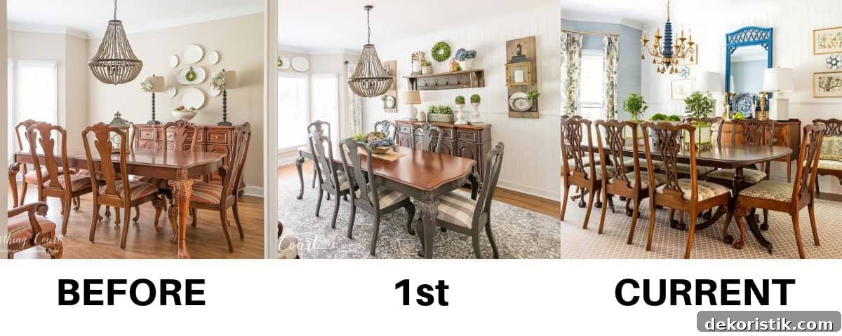 BEFORE, 1ST AND CURRENT DECOR IN A DINING ROOM