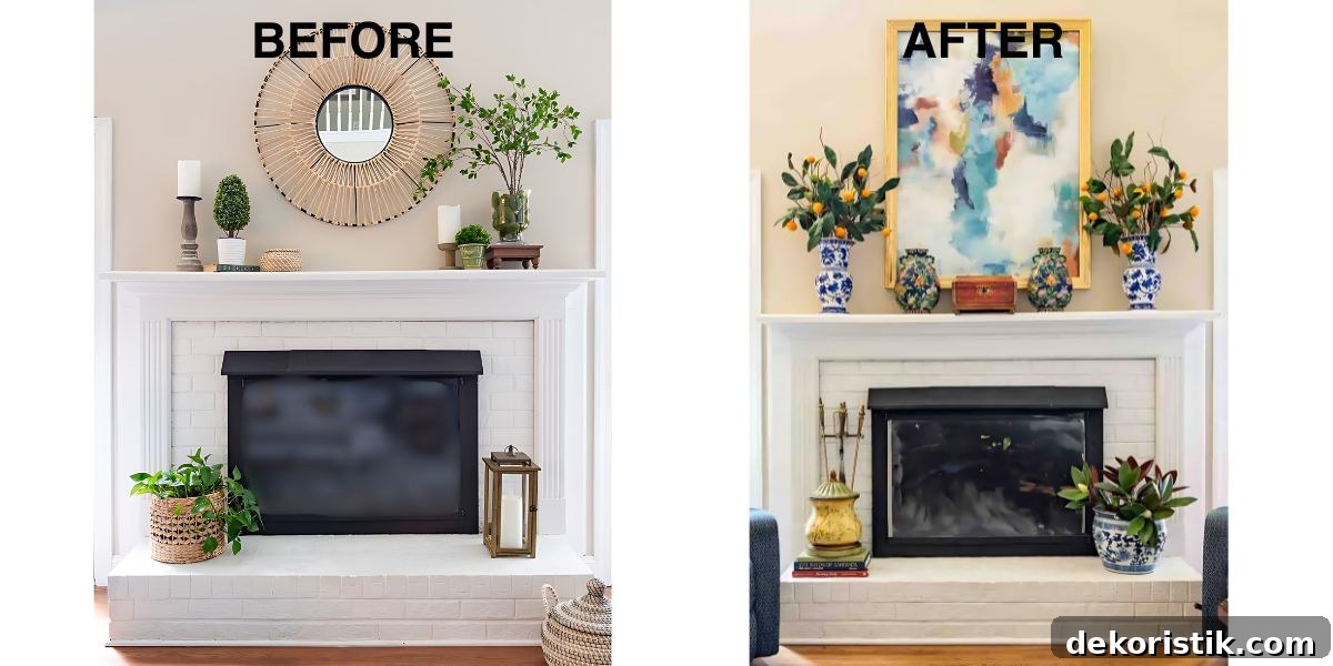 graphic with before and after fireplace makeover