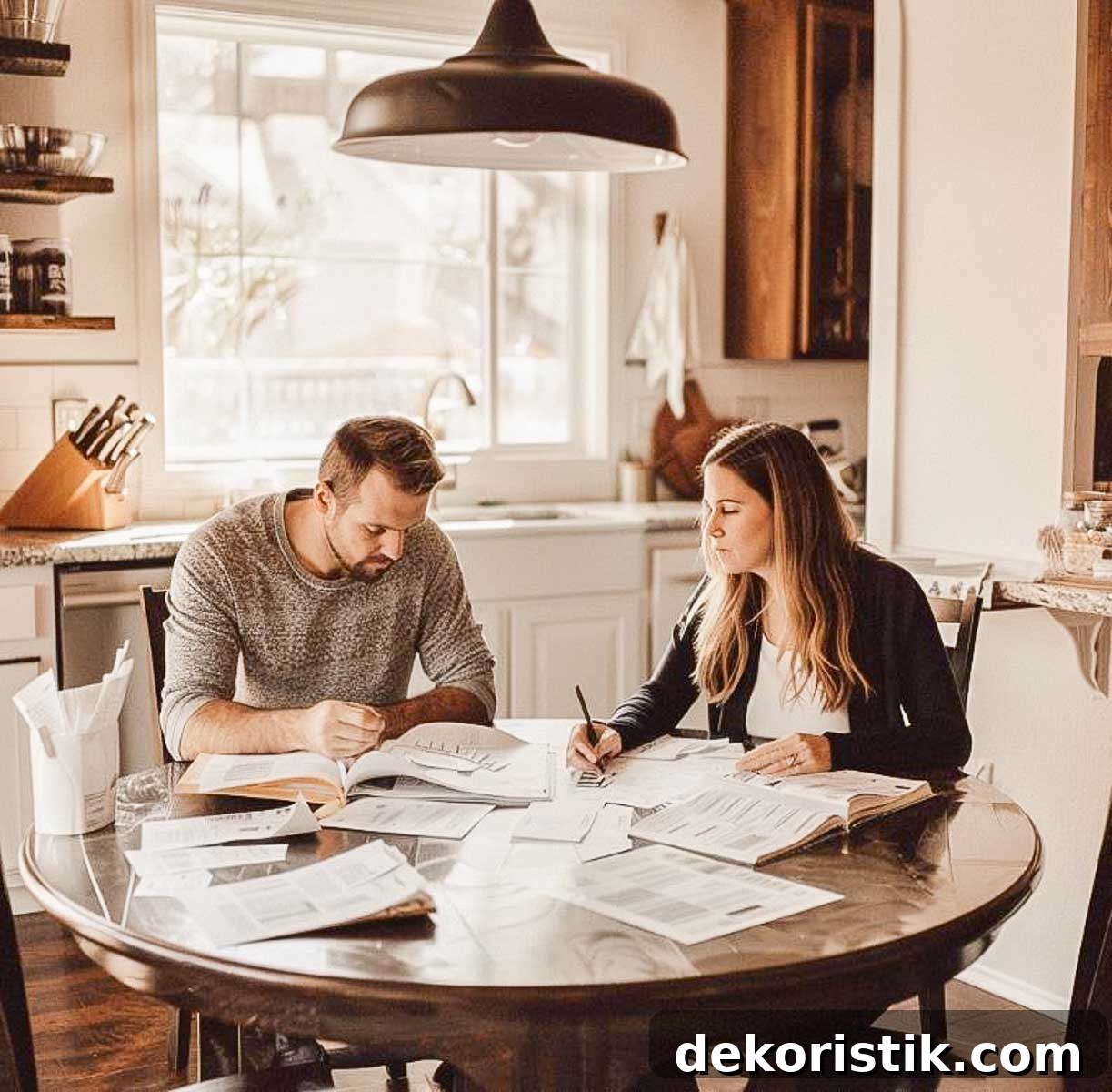 man and woman couple sitting at a round kitchen table going over their budget