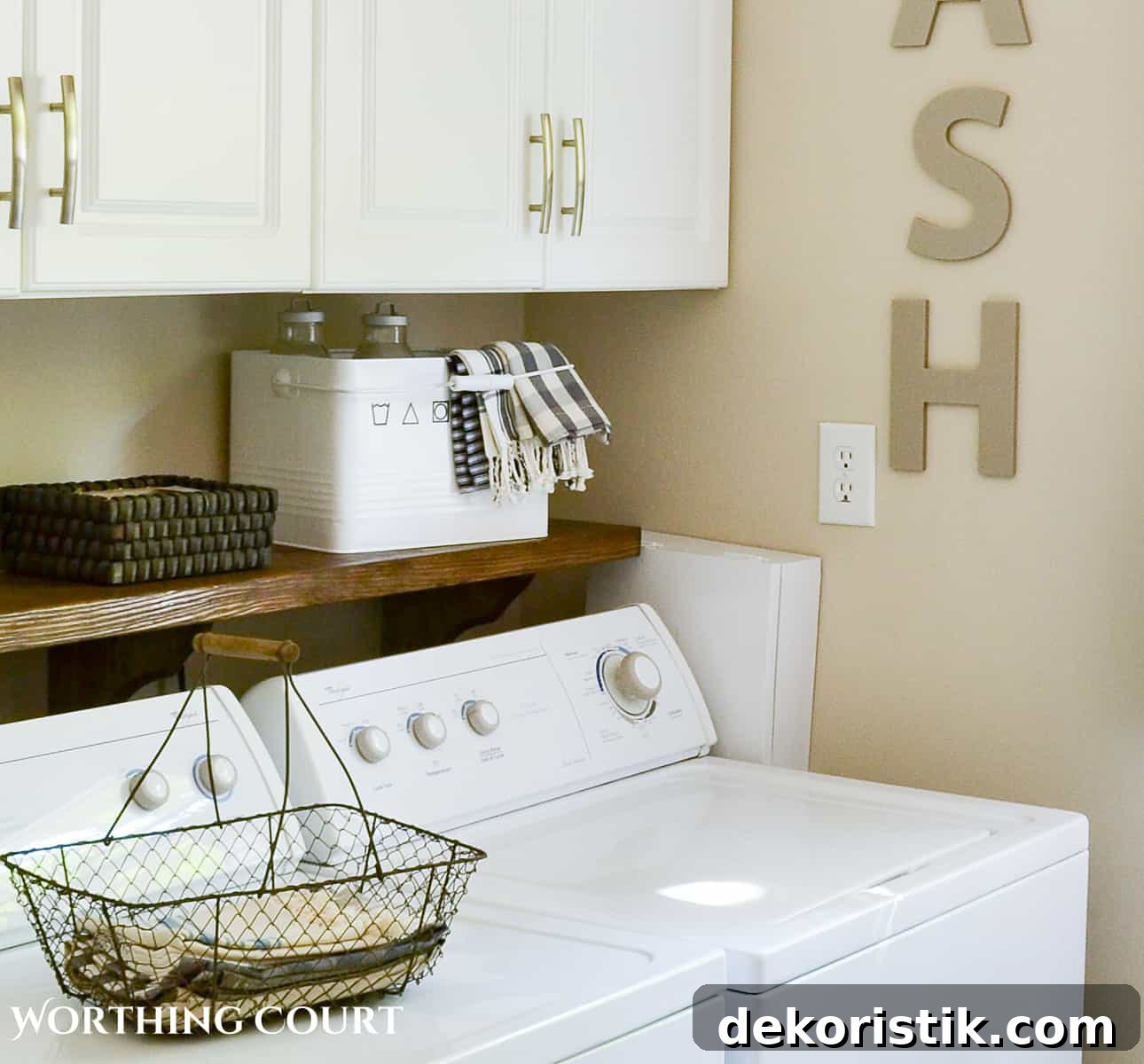 top of washing machines with a white box on the wall to hide the washer connections