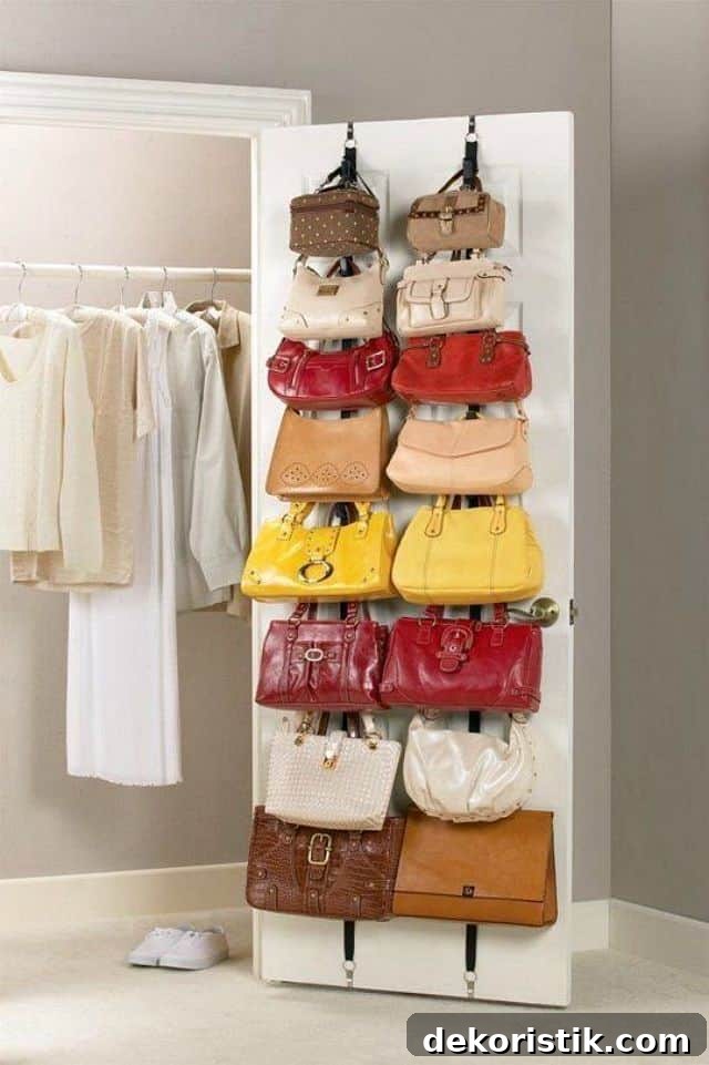 Purses stored on the inside of a closet door