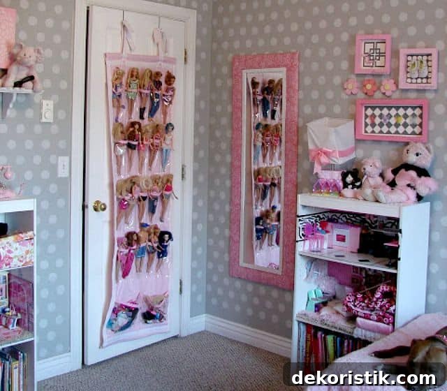 Hanging shoe bag holding toys on a closet door