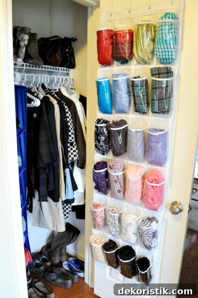 Shoe bag holding gloves and hats on a closet door