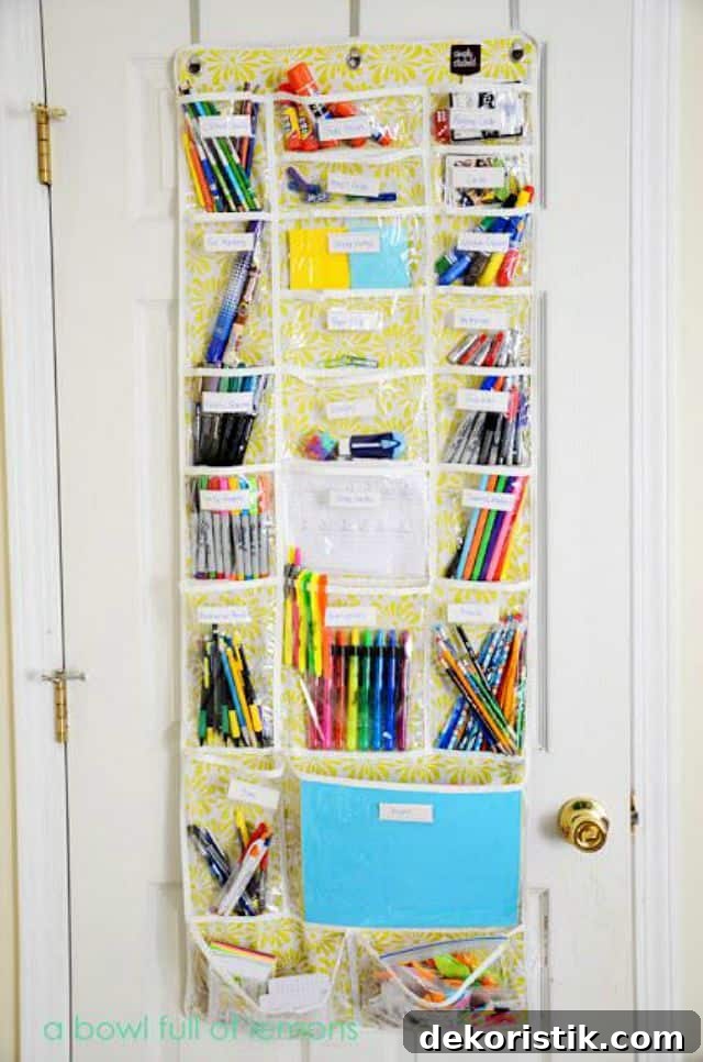 School and art supplies stored in an over-the-door organizer