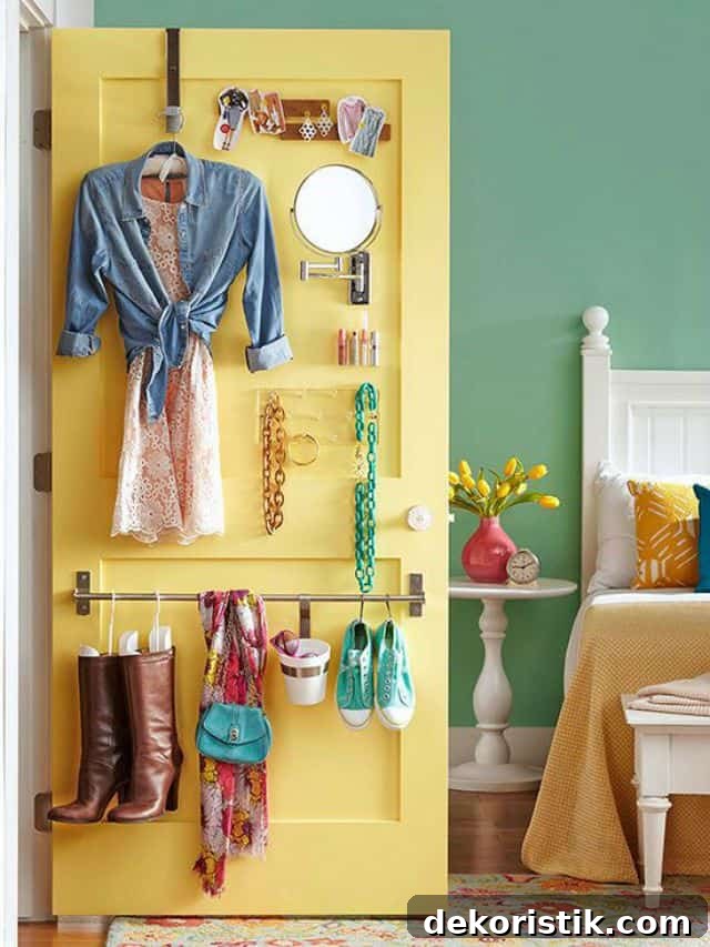 Accessories stored on the inside of a closet door
