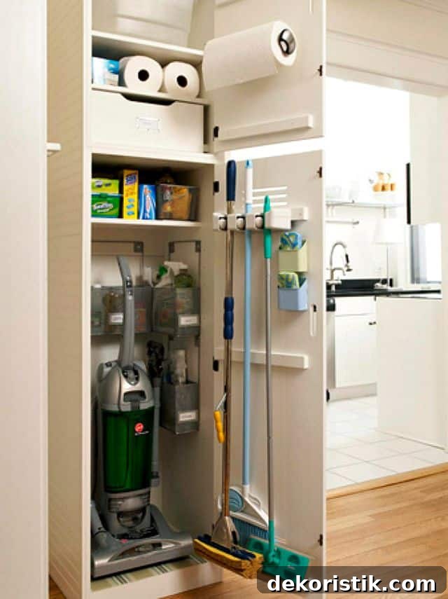 Brooms and mops hung on the back of a cabinet or closet door