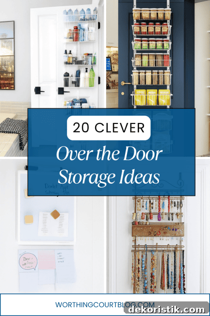 Collage of back of door storage ideas showing baskets, organizers, and hanging systems