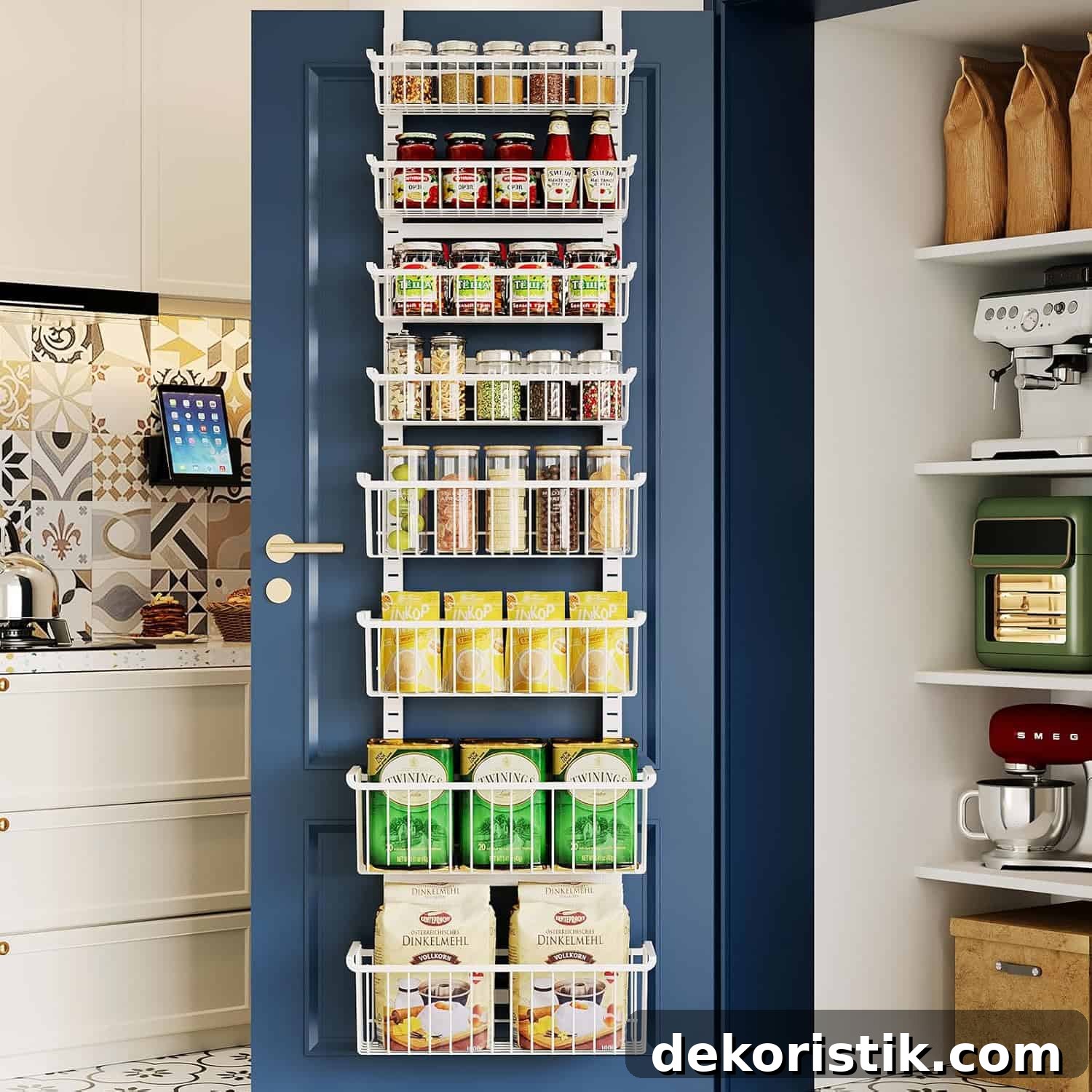 Multi-tiered pantry door organizer for spices and canned goods