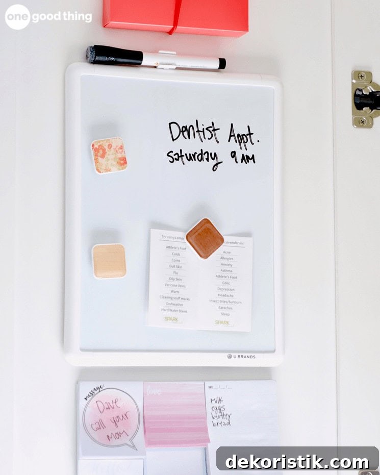 Command center on the back of a door with dry erase board and notes