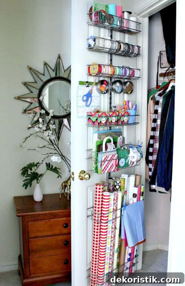 Wrapping paper and supplies stored on the inside of a closet door
