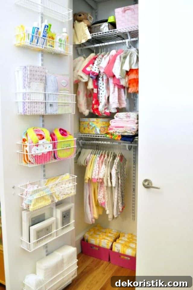 Baby supplies stored on inside of a closet door
