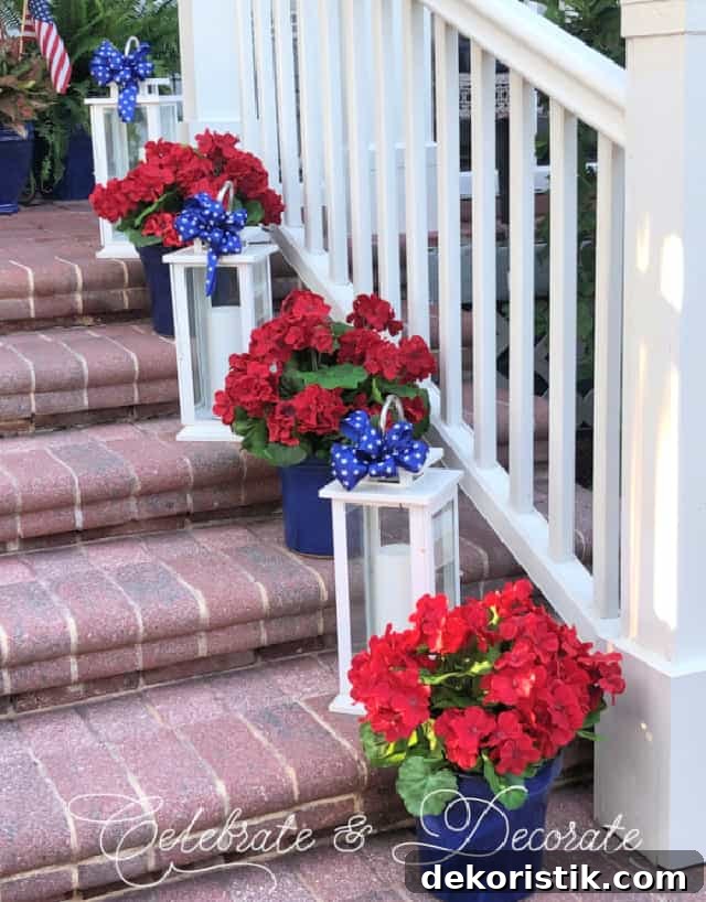 Patriotic Red, White and Blue Decorating Ideas 10 red brick steps with white lanterns and blue and red flowers