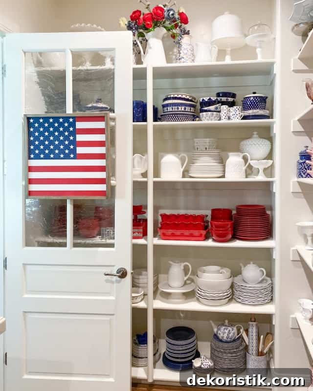 Patriotic Red, White and Blue Decorating Ideas 12 red white and blue dishes in a white pantry