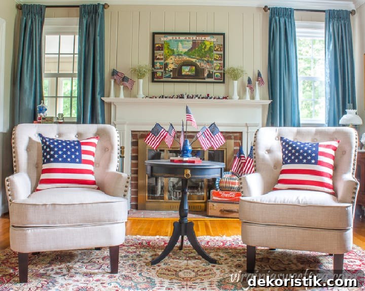 Patriotic Red, White and Blue Decorating Ideas 5 two white chairs in front on a white fireplace with patriotic decor