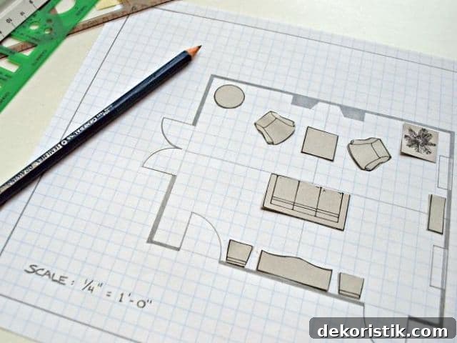 Using small pieces of cardboard cut out in the size of furniture pieces to help plan a furniture arrangement