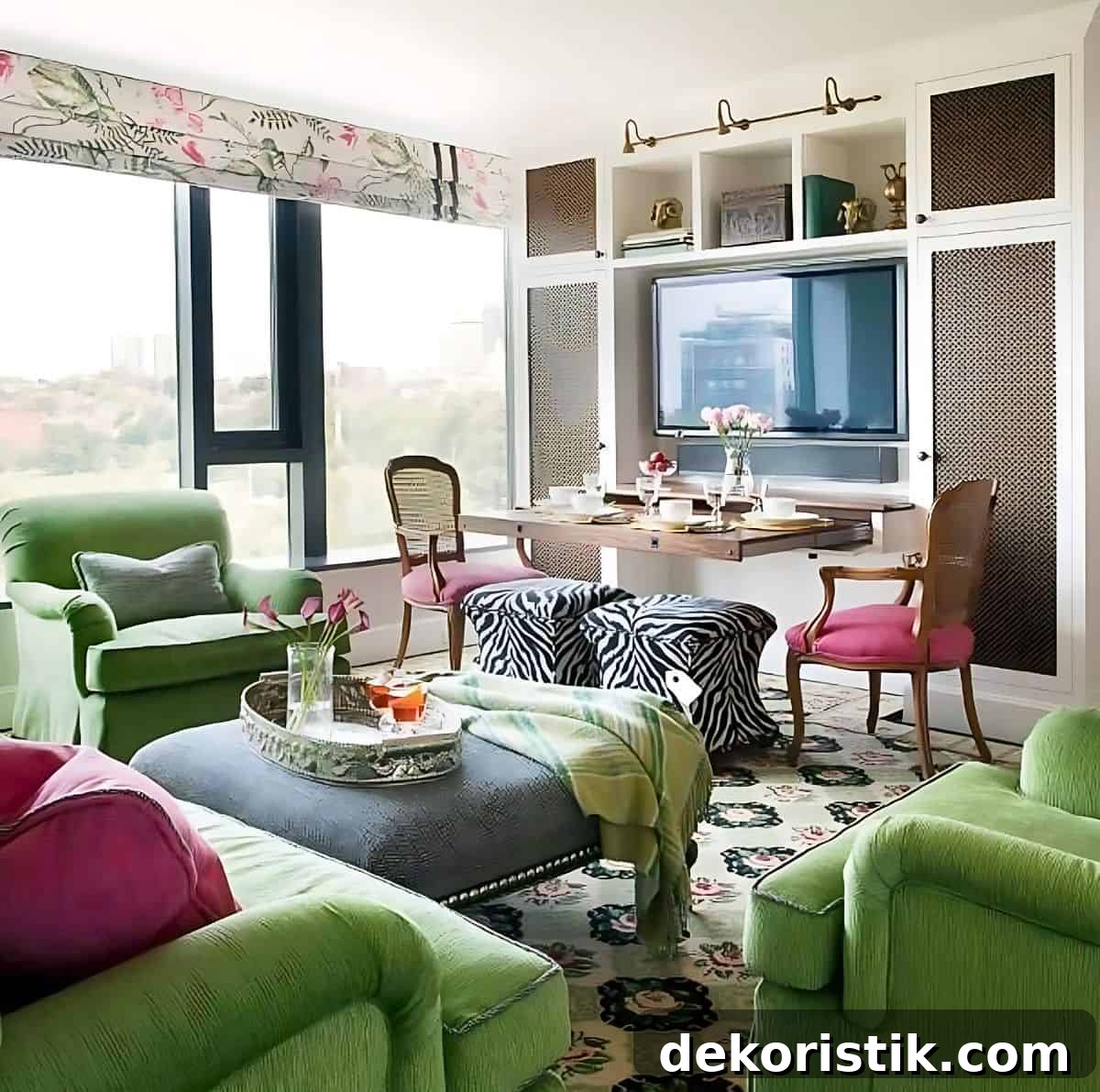 family room decorated with green sofa and chairs and a separate zone for playing games