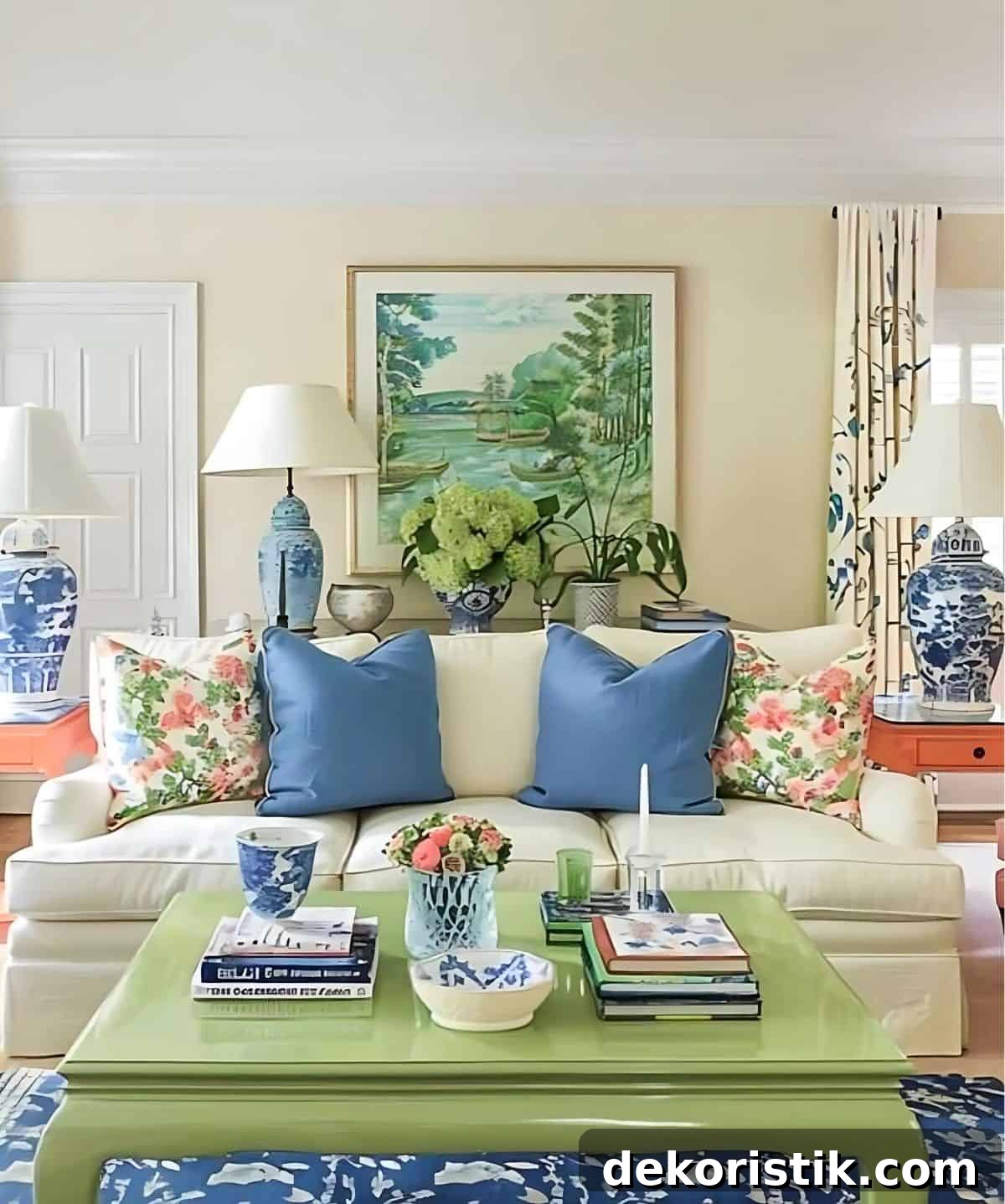 neutral furnishings in a family room with pops of color