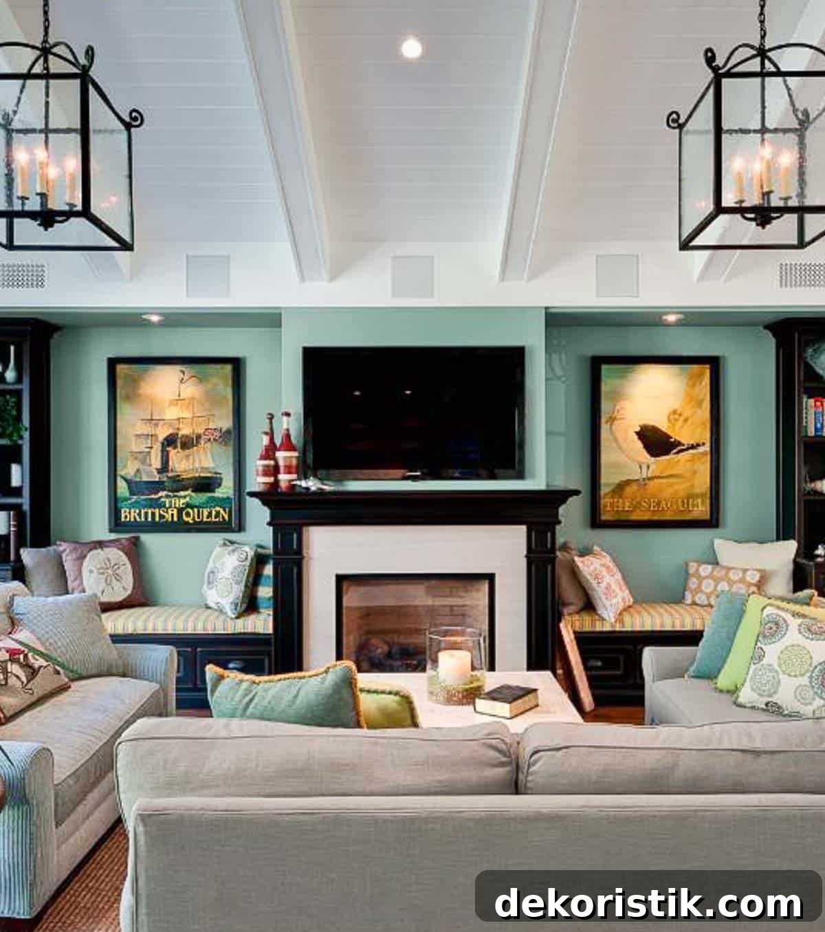 family room decorated with neutral furniture and aqua painted walls