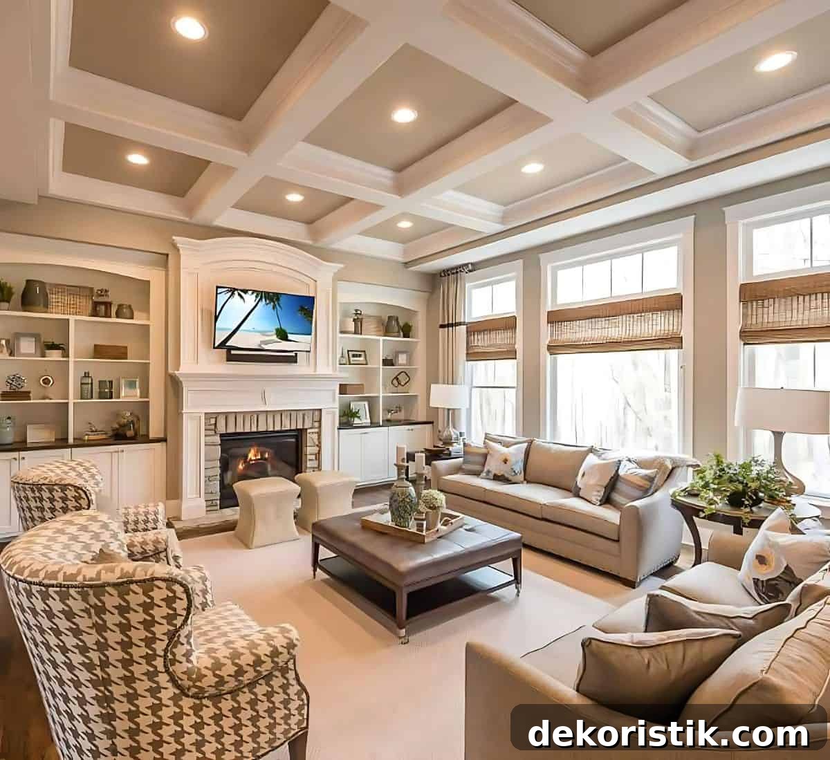 large family room decorated all in neutrals with a wall of windows on one side