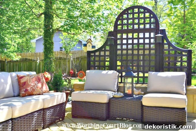 Backyard and Patio Ideas to Transform Your Outdoor Space 13 outdoor seating area with an arched trellis behind the sofa for privacy