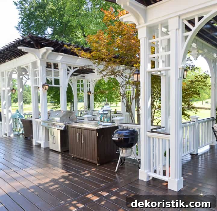 Backyard and Patio Ideas to Transform Your Outdoor Space 6 brown deck with white pergola type structures on it to create zones