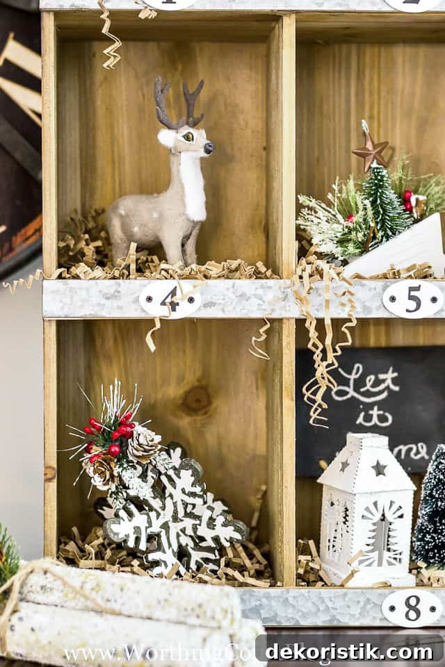 There is a deer with antlers in one cubby and a Christmas lantern in another.