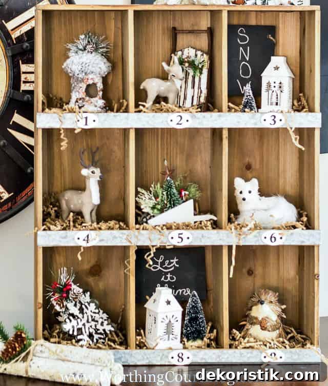 Rustic Farmhouse Christmas Cubbies filled with Christmas decor items.