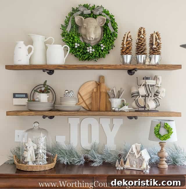 Rustic Farmhouse Kitchen Shelves Decorated For Christmas.