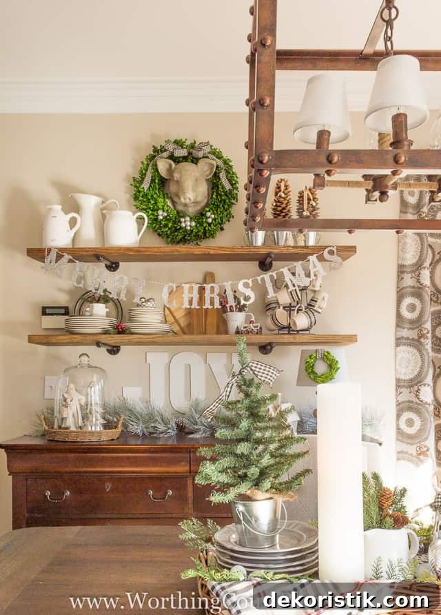 Rustic shelves in the dining room are decorated for Christmas.