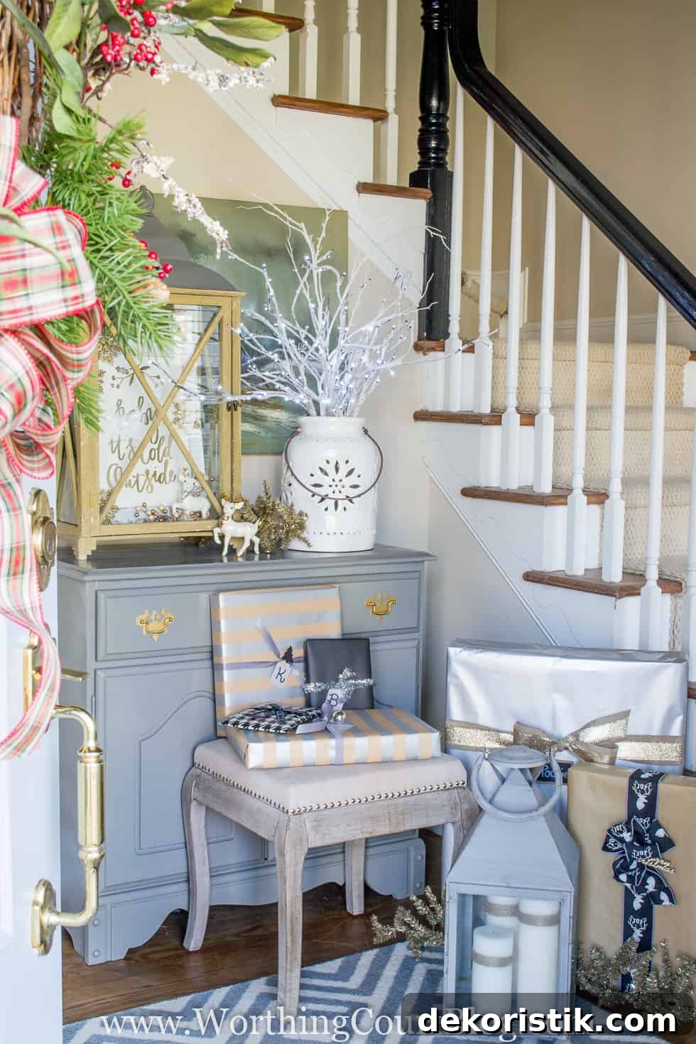 Rustic And Elegant Christmas Foyer decorated.