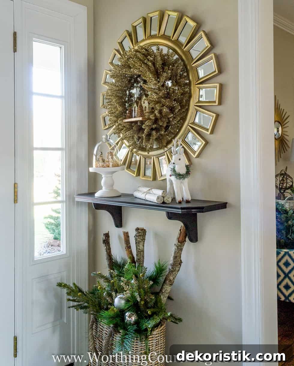 There is a small deer with a wreath around it on the shelf.