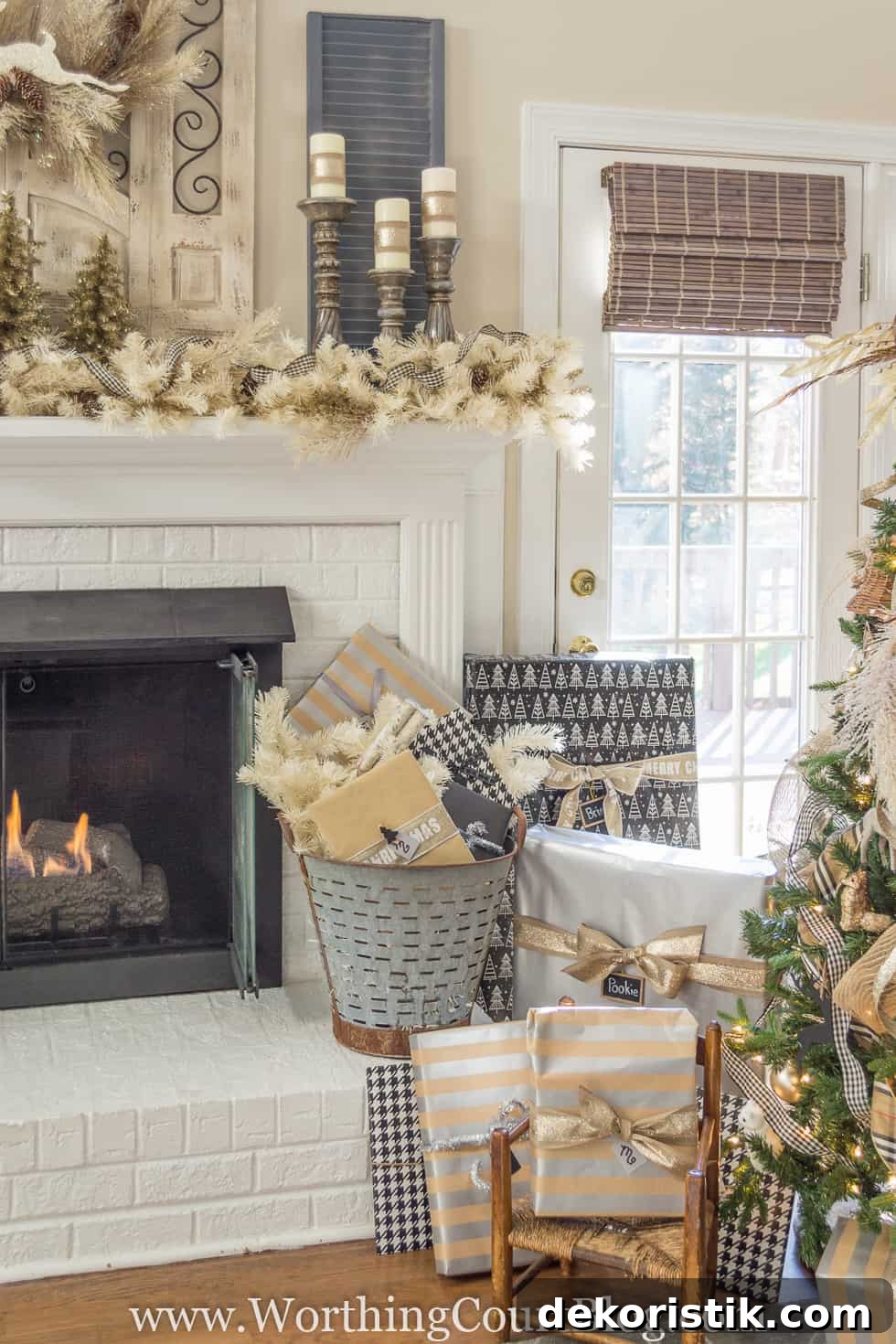 Finally: Christmas Tree and Mantel Decor Reveal 11 A galvanized bucket filled with presents