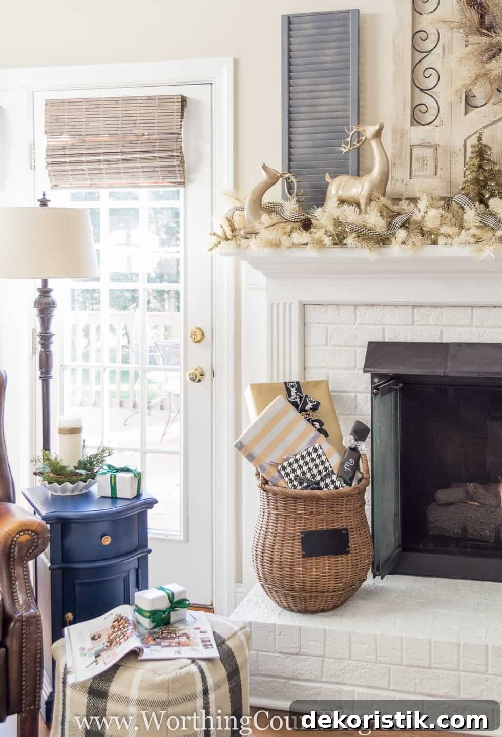Finally: Christmas Tree and Mantel Decor Reveal 12 Little gold deer figurines are on the mantel.