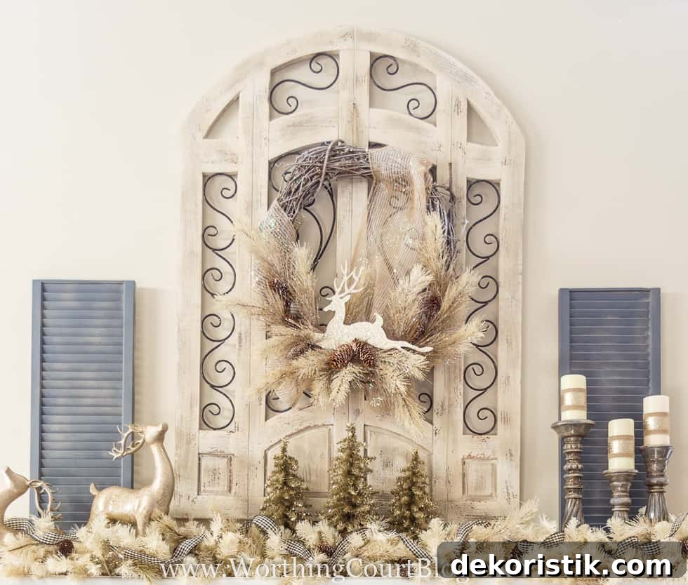 Finally: Christmas Tree and Mantel Decor Reveal 3 A rustic window frame with a Christmas wreath and deer and candlesticks on the mantel.