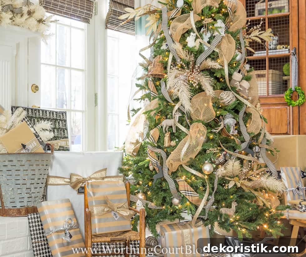 Finally: Christmas Tree and Mantel Decor Reveal 6 Rustic luxe Christmas tree with a variety of ribbons and ornaments.