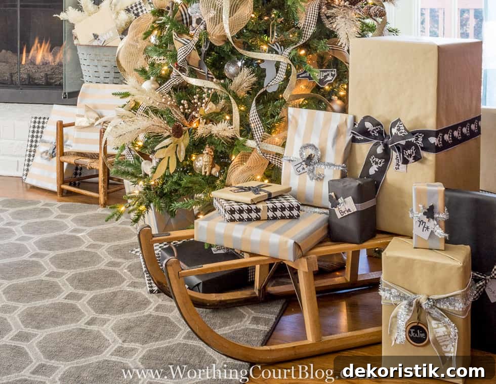 Finally: Christmas Tree and Mantel Decor Reveal 7 Christmas gifts wrapped with brown wrapping paper, silver stripped brown wrapping paper, black and white and chalkboard paper. All tied with a variety of ribbons and embellished with simple items.